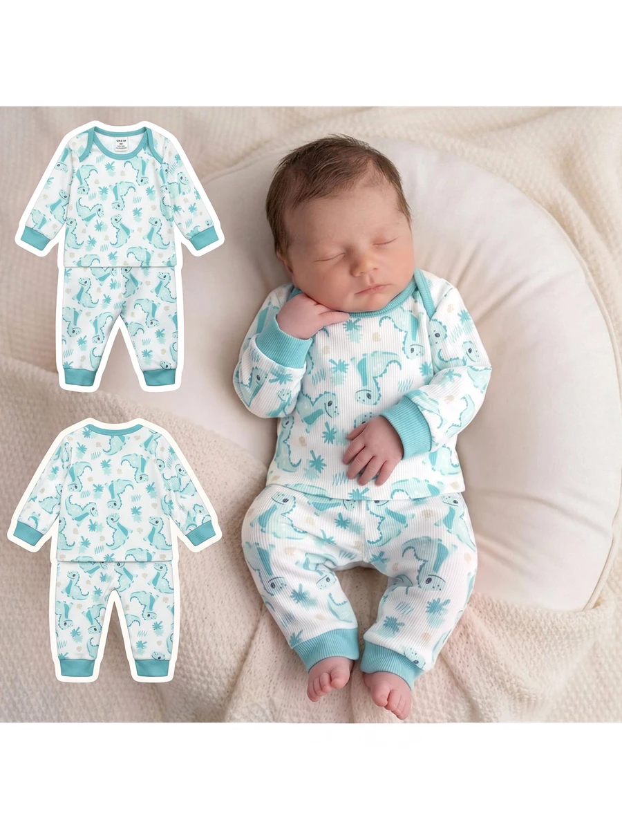 SHEIN Kids Newborn Cute Boy Girl Cartoon Pattern Long Sleeve Home Wear Set - Green - View 1