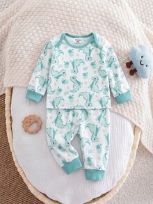 SHEIN Kids Newborn Cute Boy Girl Cartoon Pattern Long Sleeve Home Wear Set - Green - View 5