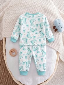 SHEIN Kids Newborn Cute Boy Girl Cartoon Pattern Long Sleeve Home Wear Set - Green - View 2