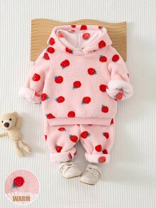 SHEIN Set Baju Sweatshirt dan Celana Panjang Musim Gugur/Musim Dingin untuk Bayi Perempuan dengan Motif Stroberi dan Hiasan Pita, Cocok untuk Musim Gugur dan Musim Dingin. - Berwarna merah muda - View 11