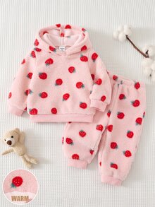 SHEIN Set Baju Sweatshirt dan Celana Panjang Musim Gugur/Musim Dingin untuk Bayi Perempuan dengan Motif Stroberi dan Hiasan Pita, Cocok untuk Musim Gugur dan Musim Dingin. - Berwarna merah muda - View 10