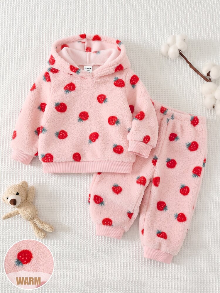 SHEIN Baby Girl Strawberry Print Bow Decor Sweatshirt And Cuffed Autumn Winter Pants Set - Pink - View 10
