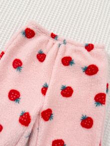 SHEIN Set Baju Sweatshirt dan Celana Panjang Musim Gugur/Musim Dingin untuk Bayi Perempuan dengan Motif Stroberi dan Hiasan Pita, Cocok untuk Musim Gugur dan Musim Dingin. - Berwarna merah muda - View 8