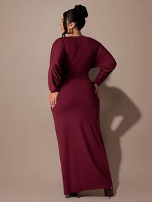 SHEIN BAE CURVE Gaun Elegan Wanita Ukuran Besar Warna Burgundy dengan Leher V Dalam dan Lengan Kelelawar untuk Musim Gugur - Burgundy - View 6