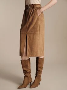 Anewsta Essential Anewsta Women's Suede Velvet Waistband Skirt With Frill Trim, Belt, Lining And Side Slit, Suitable For Daily Wear, Party, Commute, Versatile, Graduation Season, Christmas And Other Occasions - Olive Green - View 3
