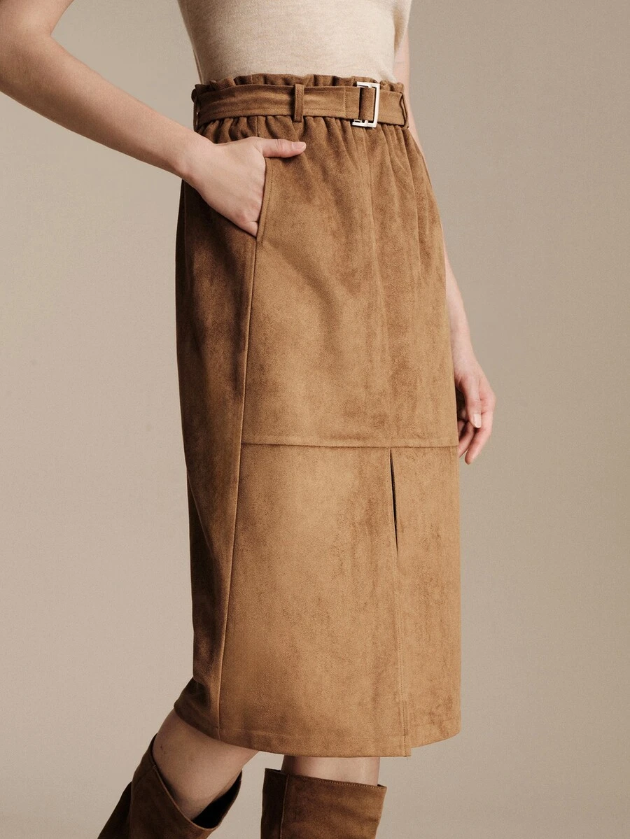 Anewsta Essential Anewsta Women's Suede Velvet Waistband Skirt With Frill Trim, Belt, Lining And Side Slit, Suitable For Daily Wear, Party, Commute, Versatile, Graduation Season, Christmas And Other Occasions - Olive Green - View 1