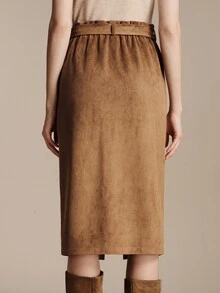 Anewsta Essential Anewsta Women's Suede Velvet Waistband Skirt With Frill Trim, Belt, Lining And Side Slit, Suitable For Daily Wear, Party, Commute, Versatile, Graduation Season, Christmas And Other Occasions - Olive Green - View 8
