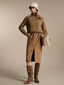 Anewsta Essential Anewsta Women's Suede Velvet Waistband Skirt With Frill Trim, Belt, Lining And Side Slit, Suitable For Daily Wear, Party, Commute, Versatile, Graduation Season, Christmas And Other Occasions - Olive Green - View 5