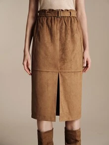 Anewsta Essential Anewsta Women's Suede Velvet Waistband Skirt With Frill Trim, Belt, Lining And Side Slit, Suitable For Daily Wear, Party, Commute, Versatile, Graduation Season, Christmas And Other Occasions - Olive Green - View 4