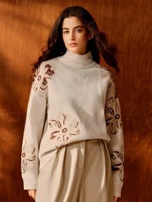 Anewsta Elegant Floral Embellished Pullover Sweater, Romantic & Chic For Commuting - Apricot - View 6