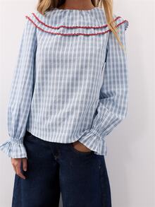 Nöista Women Blouse In Checks Blue Fabric, With Contrast Red On The Front And Back Neck.Ruffle Cuff. Blouse To Elevate The Everyday Looks On The Fall Winter - Blue - View 3