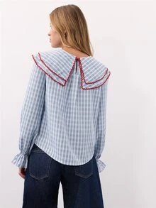 Nöista Women Blouse In Checks Blue Fabric, With Contrast Red On The Front And Back Neck.Ruffle Cuff. Blouse To Elevate The Everyday Looks On The Fall Winter - Blue - View 2