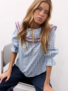 Nöista Women Blouse In Checks Blue Fabric, With Contrast Red On The Front And Back Neck.Ruffle Cuff. Blouse To Elevate The Everyday Looks On The Fall Winter - Blue - View 8