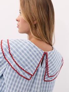 Nöista Women Blouse In Checks Blue Fabric, With Contrast Red On The Front And Back Neck.Ruffle Cuff. Blouse To Elevate The Everyday Looks On The Fall Winter - Blue - View 6