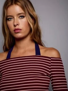 Nöista Burgundy Striped Off Shoulder Top With Long Sleeves. Fall Winter, Night Out, Layering, Going Out. - Red Violet - View 6