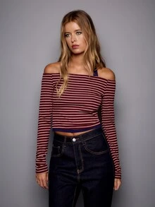 Nöista Burgundy Striped Off Shoulder Top With Long Sleeves. Fall Winter, Night Out, Layering, Going Out. - Red Violet - View 2