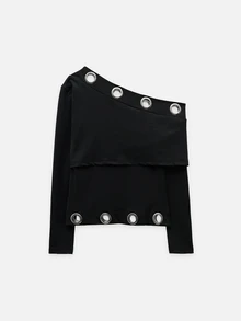Nöista Womenswear Long Sleeve Top With Cold Shoulder Fitting And Big Aylets Detail On Top And Hem, Perfect Top For Going Out And Party In Fall Winter Season. - Black - View 8