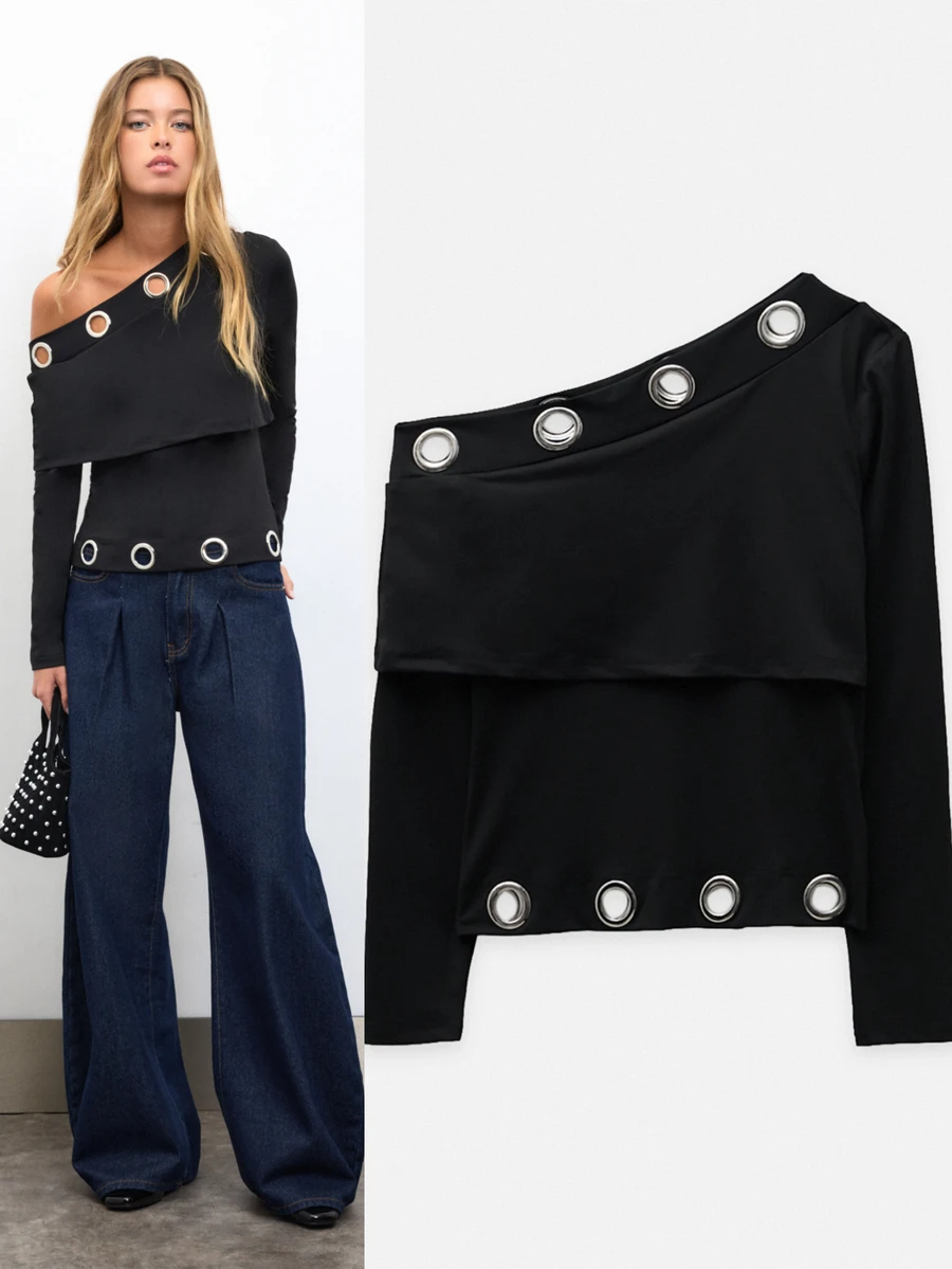 Nöista Womenswear Long Sleeve Top With Cold Shoulder Fitting And Big Aylets Detail On Top And Hem, Perfect Top For Going Out And Party In Fall Winter Season. - Black - View 1