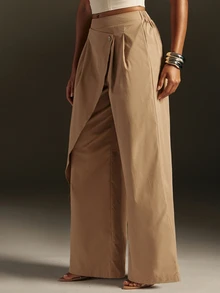Hauture Celana Panjang Wanita Model Bodycon Pinggang Tinggi dengan Kaki Lebar, Warna Polos, Kancing Tumpang Tindih Asimetris, dan Lipit Longgar - Khaki - View 3