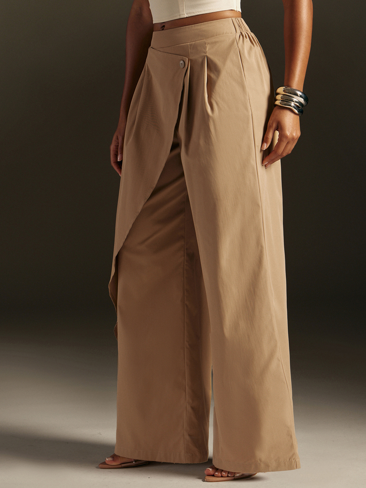 Hauture Women's High Waist Bodycon Wide Leg Pants, Women's Solid Color Asymmetric Overlap Button Pleated Loose Long Pants - Khaki - View 3