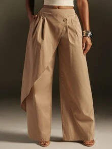 Hauture Celana Panjang Wanita Model Bodycon Pinggang Tinggi dengan Kaki Lebar, Warna Polos, Kancing Tumpang Tindih Asimetris, dan Lipit Longgar - Khaki - View 2