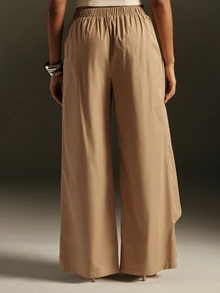 Hauture Celana Panjang Wanita Model Bodycon Pinggang Tinggi dengan Kaki Lebar, Warna Polos, Kancing Tumpang Tindih Asimetris, dan Lipit Longgar - Khaki - View 4