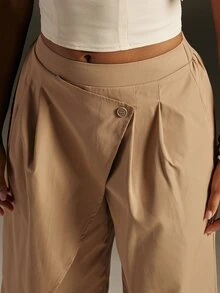 Hauture Celana Panjang Wanita Model Bodycon Pinggang Tinggi dengan Kaki Lebar, Warna Polos, Kancing Tumpang Tindih Asimetris, dan Lipit Longgar - Khaki - View 5