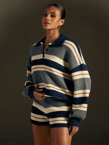 Hauture Setelan 2 Potong Sweater Rajut Kerah Polo Bergaris Warna Blok dengan Bahu Longgar dan Celana Pendek, Pakaian Serasi Wanita Lengan Panjang Longgar Rajut, Setelan Kasual - MultiWarna - View 4