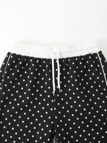 SHEIN 青少年女孩波點寬腿抽繩收腰滾邊休閒運動褲 Y2K 風格 寬鬆適合跳舞、學校、運動，秋季穿著 - 黑與白 - 查看 6