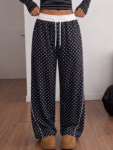 SHEIN 青少年女孩波點寬腿抽繩收腰滾邊休閒運動褲 Y2K 風格 寬鬆適合跳舞、學校、運動，秋季穿著 - 黑與白 - 查看 4