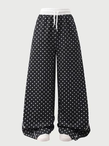 SHEIN 青少年女孩波點寬腿抽繩收腰滾邊休閒運動褲 Y2K 風格 寬鬆適合跳舞、學校、運動，秋季穿著 - 黑與白 - 查看 5