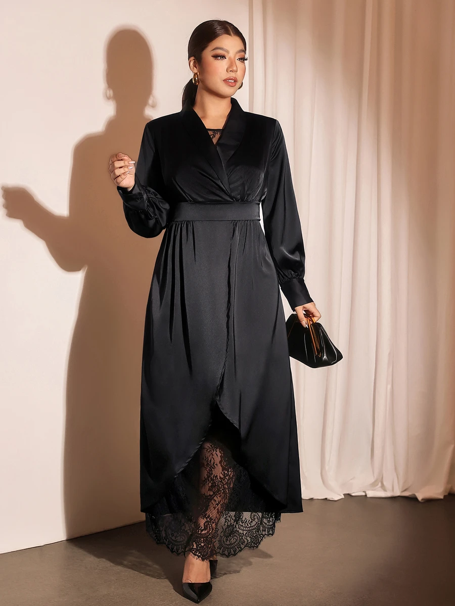 Cravure French Vintage Elegant Fashion Exquisite Lace Mesh Patchwork V-Neck Cinched Waist Slit Dress Fall - Black - View 1