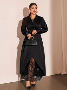 Cravure French Vintage Elegant Fashion Exquisite Lace Mesh Patchwork V-Neck Cinched Waist Slit Dress Fall - Black - View 8