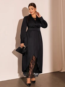 Cravure French Vintage Elegant Fashion Exquisite Lace Mesh Patchwork V-Neck Cinched Waist Slit Dress Fall - Black - View 5