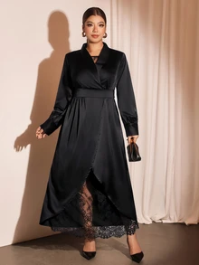 Cravure French Vintage Elegant Fashion Exquisite Lace Mesh Patchwork V-Neck Cinched Waist Slit Dress Fall - Black - View 6