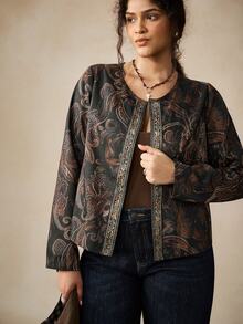 Nubod Women's Plus Size Spring Casual Commute Elegant Vintage Versatile Retro Pattern Placement Print Collarless Jacket Suitable For Spring And Autumn Fall - Multicolor - View 4