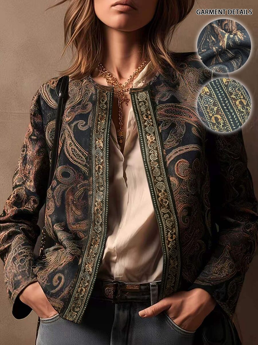 Nubod Women's Plus Size Spring Casual Commute Elegant Vintage Versatile Retro Pattern Placement Print Collarless Jacket Suitable For Spring And Autumn Fall - Multicolor - View 1
