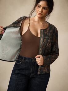 Nubod Women's Plus Size Spring Casual Commute Elegant Vintage Versatile Retro Pattern Placement Print Collarless Jacket Suitable For Spring And Autumn Fall - Multicolor - View 5