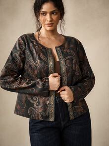Nubod Women's Plus Size Spring Casual Commute Elegant Vintage Versatile Retro Pattern Placement Print Collarless Jacket Suitable For Spring And Autumn Fall - Multicolor - View 6