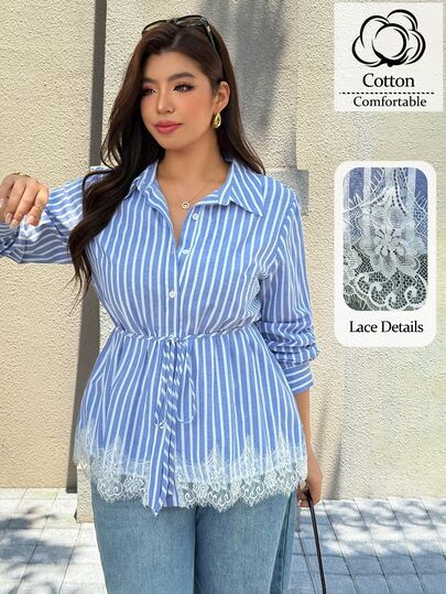 Easura Plus Size Women's Blue & White Striped Patchwork White Lace Trim Cinched Cinched Waist Long Sleeve Blouse