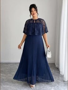 Elenzga Women's Plus Size Elegant Formal Party Wedding Event Pleated Lace Cape Camisole 2-Piece Set Waist-Cinching A-Line Chiffon Dress - Navy Blue - View 4