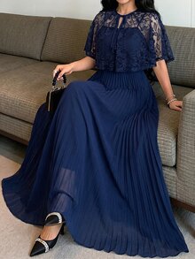 Elenzga Women's Plus Size Elegant Formal Party Wedding Event Pleated Lace Cape Camisole 2-Piece Set Waist-Cinching A-Line Chiffon Dress - Navy Blue - View 6