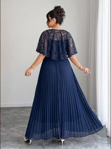Elenzga Women's Plus Size Elegant Formal Party Wedding Event Pleated Lace Cape Camisole 2-Piece Set Waist-Cinching A-Line Chiffon Dress - Navy Blue - View 1