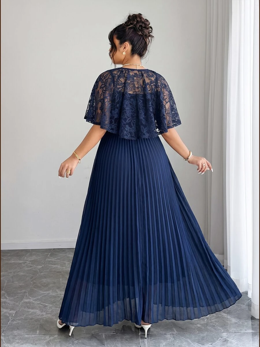 Elenzga Women's Plus Size Elegant Formal Party Wedding Event Pleated Lace Cape Camisole 2-Piece Set Waist-Cinching A-Line Chiffon Dress - Navy Blue - View 1