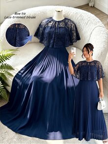 Elenzga Women's Plus Size Elegant Formal Party Wedding Event Pleated Lace Cape Camisole 2-Piece Set Waist-Cinching A-Line Chiffon Dress - Navy Blue - View 2