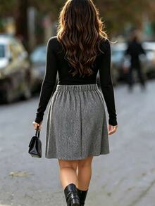 Easura Plus Size Grey Knit Tweed A-Line Mini Skirt, High Waist Metal Buckle Design, Autumn/Winter Street Casual Elegant Wear Fall Office Formal Social Blouse - Grey - View 2