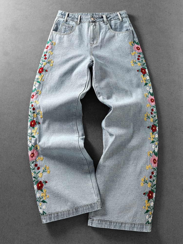 ROMWE MEN Street Life Men's Casual Washed Floral Embroidered Denim Jeans - Blue - View 5