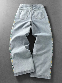 ROMWE MEN Street Life Celana Jeans Denim Pria Kasual dengan Motif Bunga Bordir dan Warna Washed - Biru - View 2