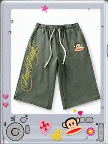 ROMWE MEN Paul Frank X ROMWE بنطال رياضي قصير مطبوع برسومات للرجال بأسلوب الشارع - أخضر - مشاهدة 5
