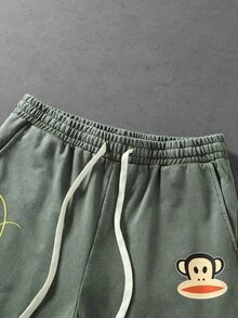ROMWE MEN Paul Frank X ROMWE بنطال رياضي قصير مطبوع برسومات للرجال بأسلوب الشارع - أخضر - مشاهدة 2